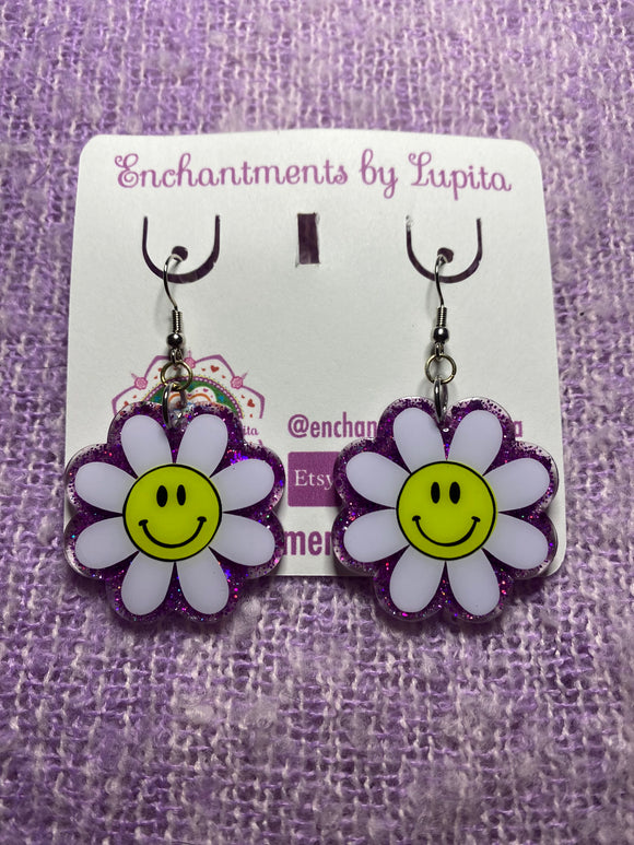Purple Glitter Smiley Face Daisy Earrings
