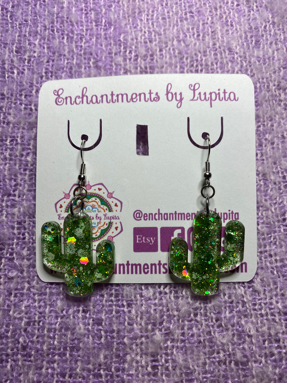 Green Glitter Cactus Earrings