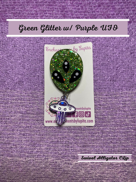 Green Alien & Purple UfO Badge Reel - Ready to Ship