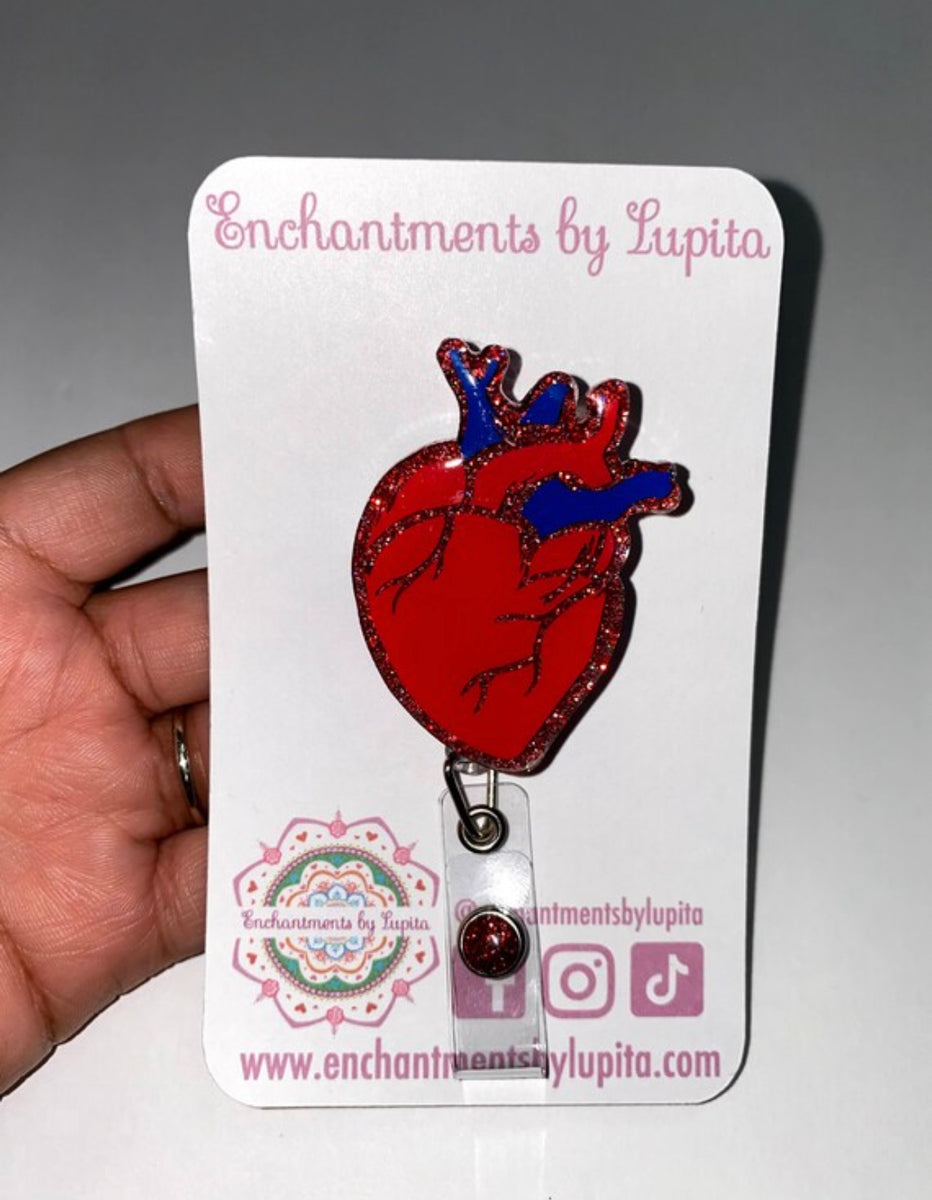 Anatomical Heart Diagram Retractable Badge Reel With Leather