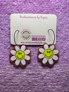 Orange Glitter Smiley Face Daisy Earrings