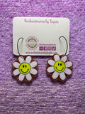 Orange Glitter Smiley Face Daisy Earrings