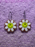 Orange Glitter Smiley Face Daisy Earrings