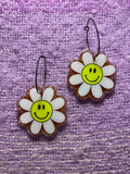 Orange Glitter Smiley Face Daisy Earrings