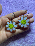 Orange Glitter Smiley Face Daisy Earrings