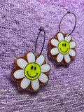 Orange Glitter Smiley Face Daisy Earrings