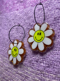 Orange Glitter Smiley Face Daisy Earrings