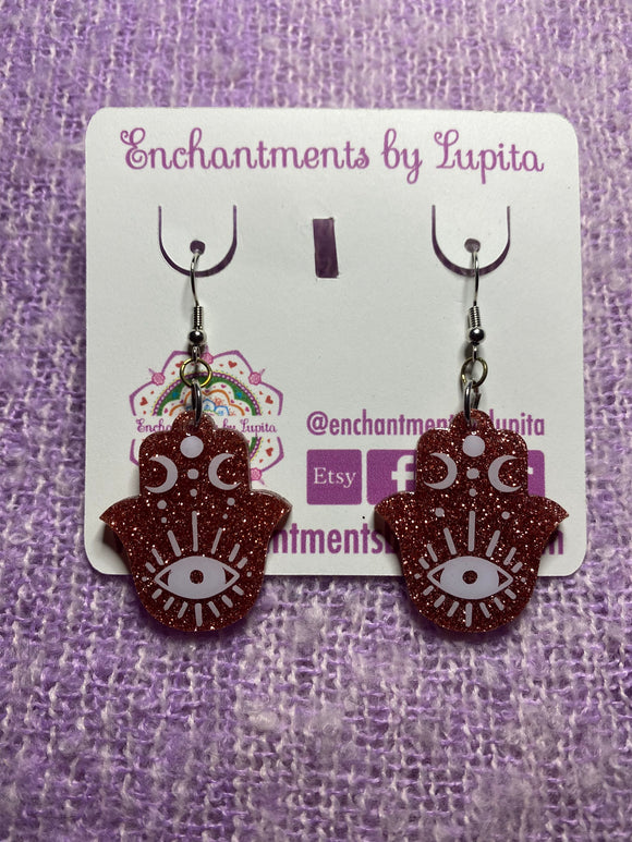 Rose Gold Glitter Hamsa Earrings