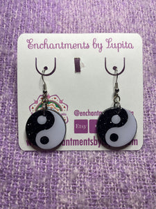 Black Glitter Yin and Yang Earrings