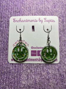 Green Glitter Smiley Face Earrings