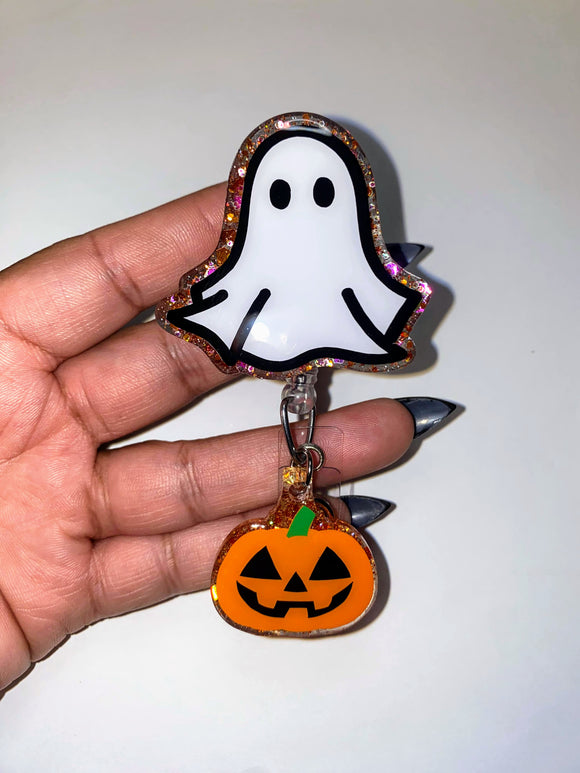 Ghost Badge Reel with Mini Pumpkin Charm